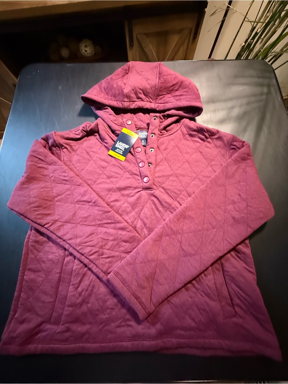 Lands' End Women’s Quilted Hooded Button Up - Burgundy Medium